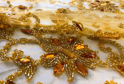 Luxury Handmade 3D beads and crystals flowers - Mustard beaded mesh