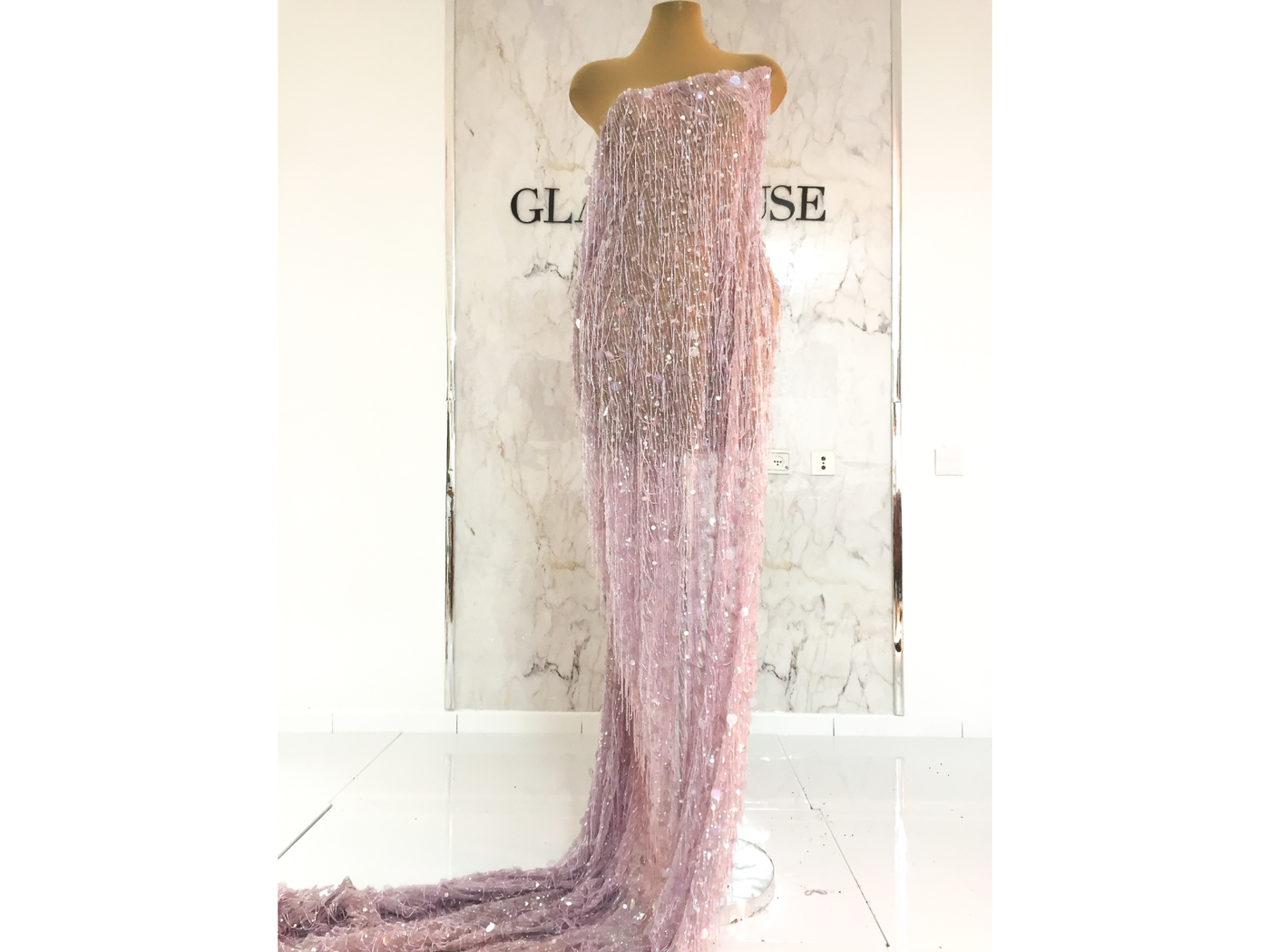 Luxury handmade gown beaded light pink glass beads fringes | Glam House fabrics
