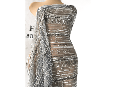 beaded silver evening dress made with handmade lace | Glam House Fabrics