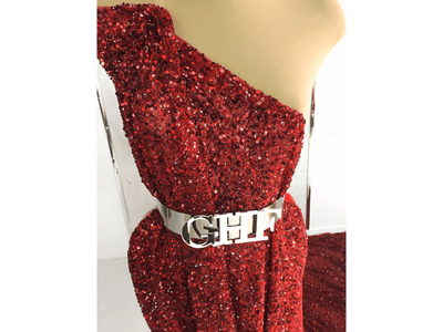 Vestido rojo de encaje de lentejuelas hecho a mano | Glam House Fabrics