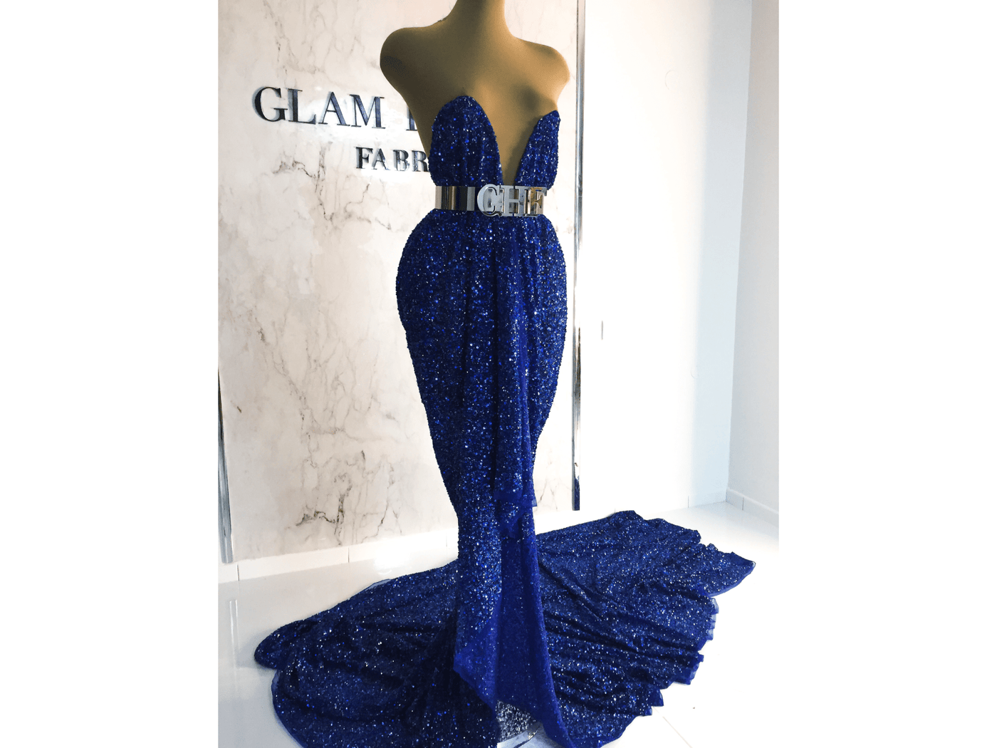 Luxury blue dress made wide beaded lace | Glam House Fabrics