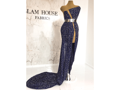 Beaded dress made with handmade blue lace with crystal stones | Glam House Fabrics