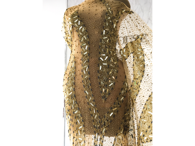 vestido dorado de lujo | hecho a mano con cuentas | Glam House Fabrics