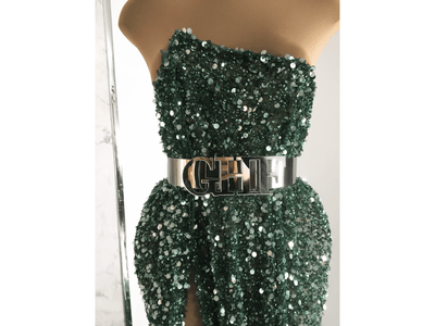 Vestido de noche hecho a mano con tejido verde baeded| abalorios y lentejuelas| tejidos Glam House
