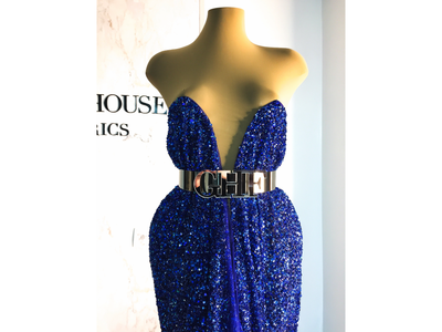 Luxury blue dress made wide beaded lace | Glam House Fabrics