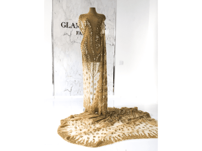 maxi vestido dorado de lujo | hecho a mano con cuentas | Glam House Fabrics