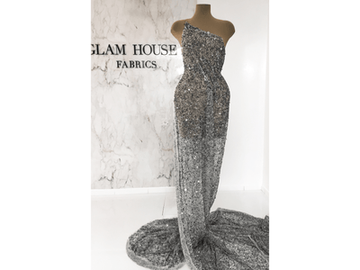 Gray beaded gown | handmade lace | Glam House Fabrics