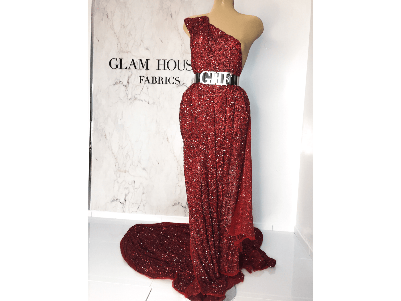 Red dress made with handmade sequins lace | Glam House Fabrics